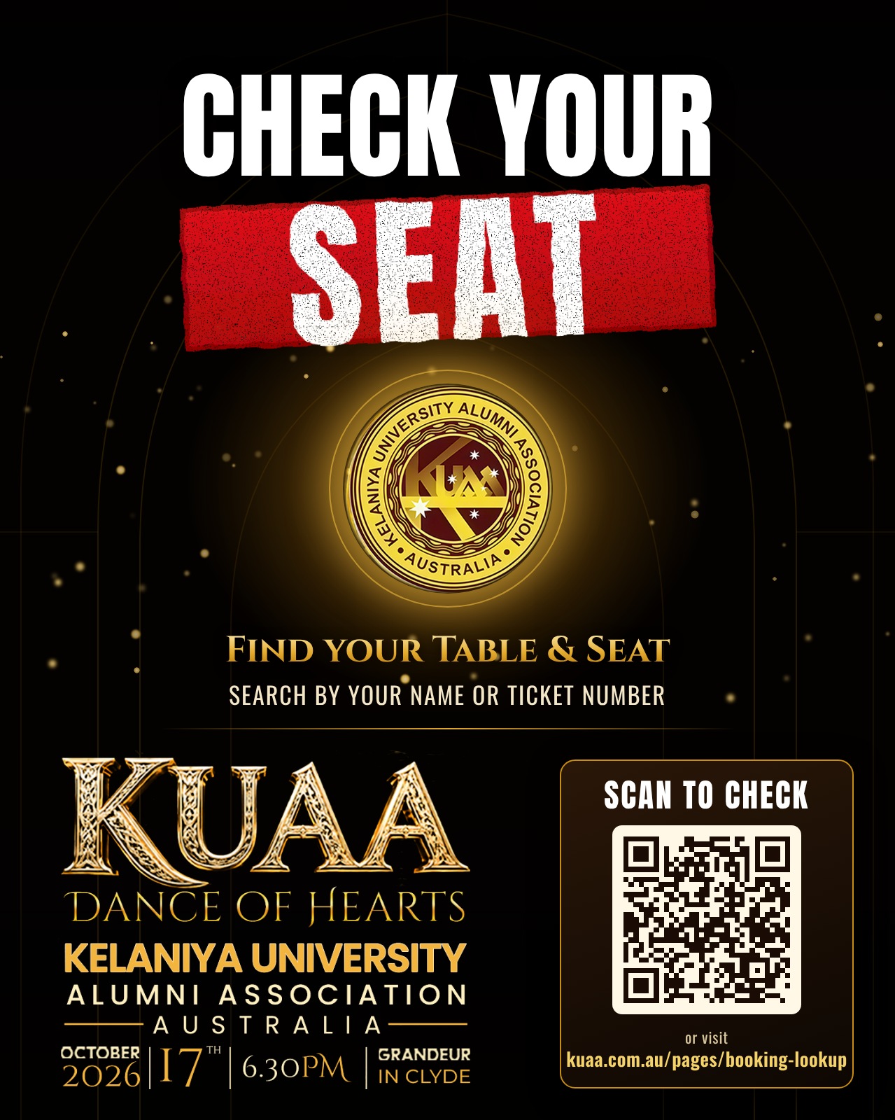 Check your seat — KUAA Dance of Hearts 2026. Find your table and seat by name or ticket number.